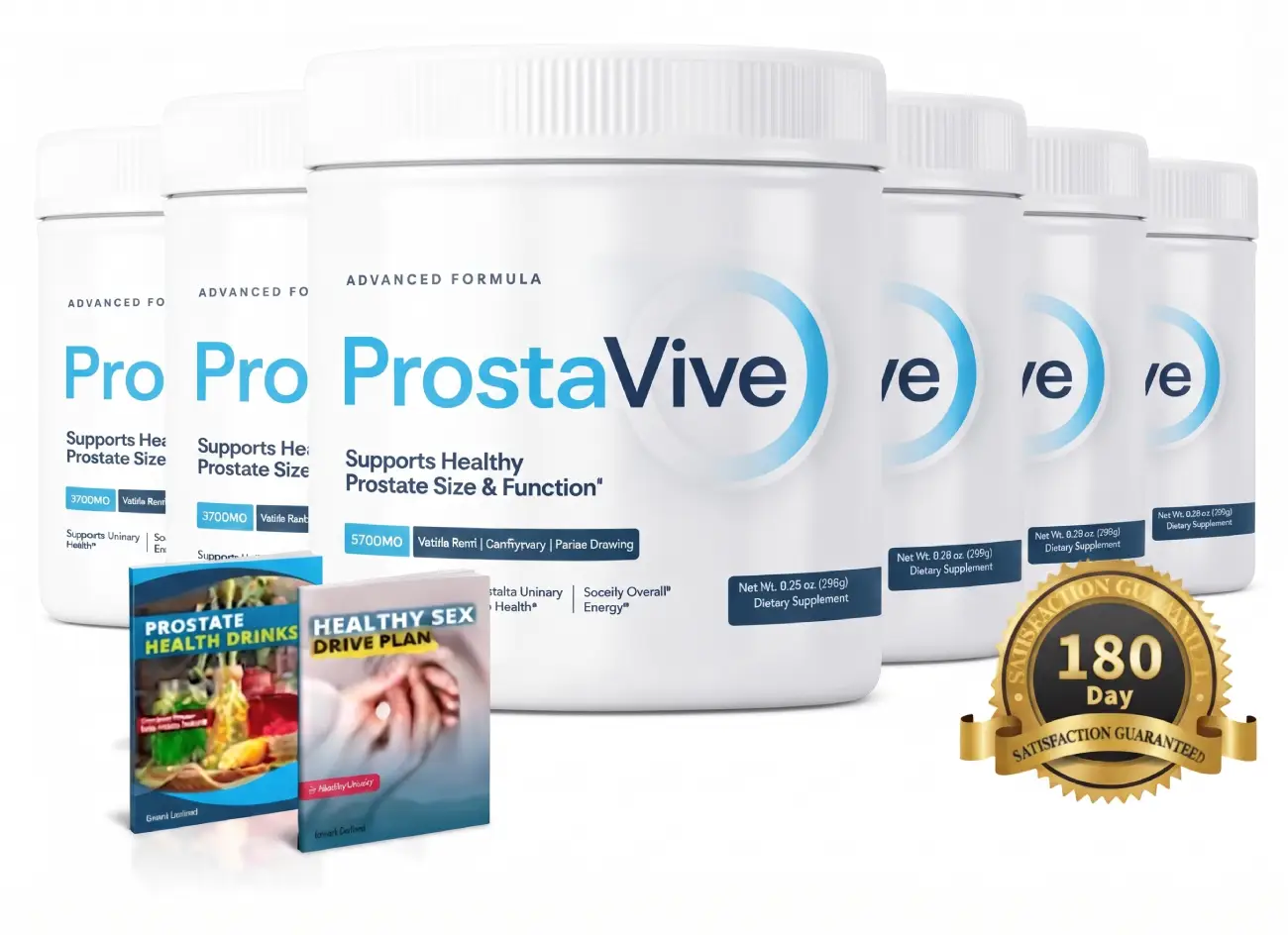 ProstaVive 6-bottle supplement supply with free guides and 180-day guarantee.